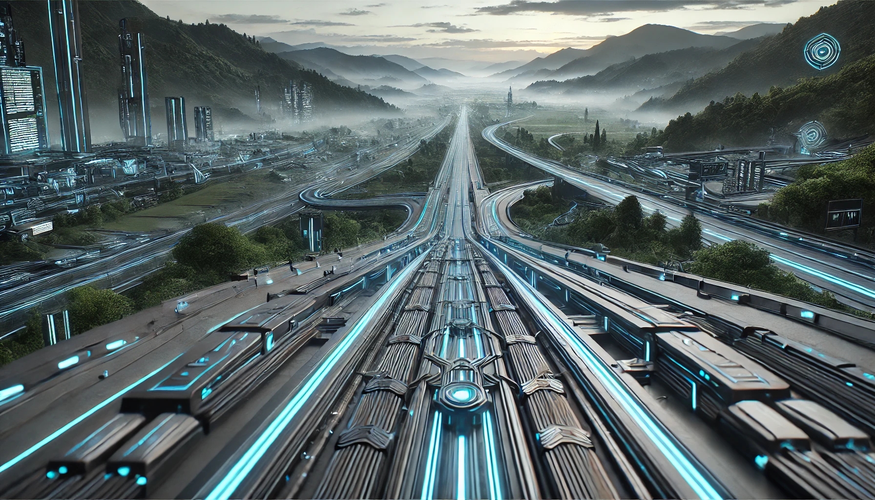 DALL·E 2024-11-27 12.37.46 - A high-resolution 4K image of a futuristic highway with an anthracite color palette and neon blue virtual effects and glowing lines. The focus is on a.jpg